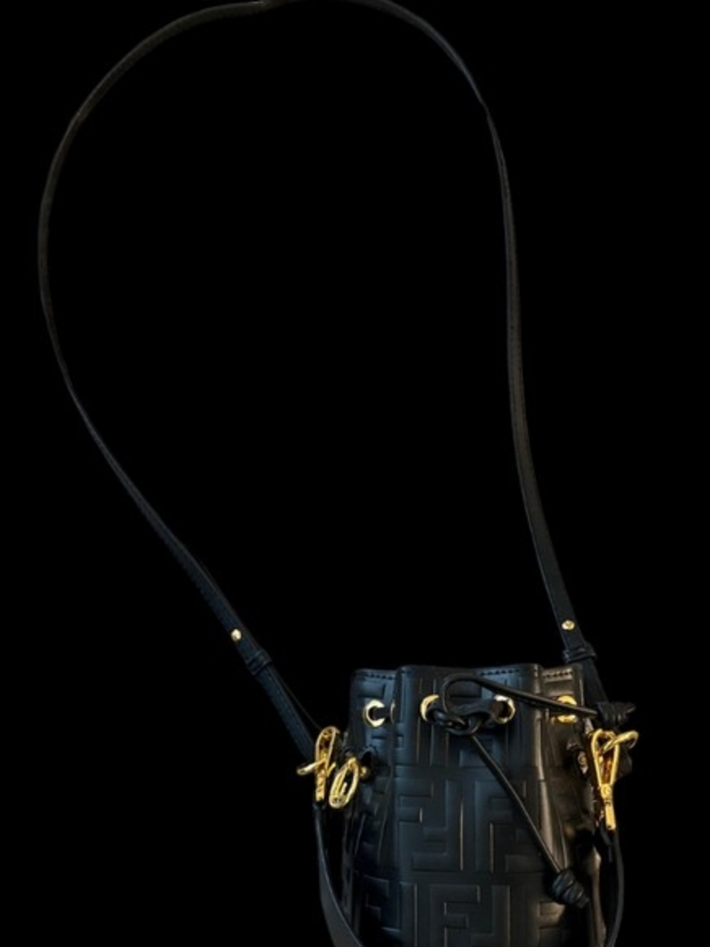 Black Leather Mini Drawstring Bucket Bag with Gold Hardware - Picture 2 of 4